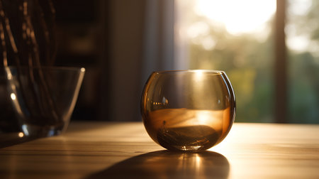 A glass of whiskey on a wooden table in the evening light.の素材