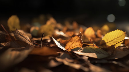 Autumn leaves on the ground. Selective focus with shallow depth of field.の素材