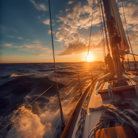 Yacht sailing in the sea at sunset or sunrise. Sport, recreation and leisure activity.の素材
