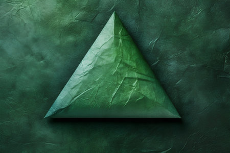 Green paper pyramid on a green leather background. 3d illustration.の素材