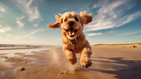 Cocker Spaniel running on the beach at sunset. Shallow depth of fieldの素材