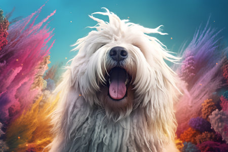 White dog with long hair standing in front of a colorful background.の素材