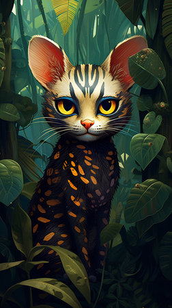 Cute cat with yellow eyes in the jungle. Vector illustration.の素材