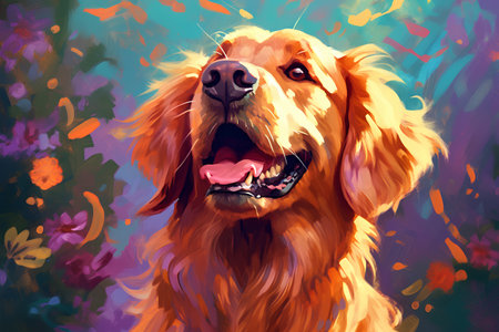 Colorful portrait of a golden retriever dog. Digital painting.の素材