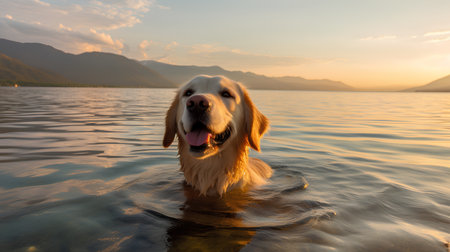 Golden Retriever swims in the water at sunset in the mountains.の素材