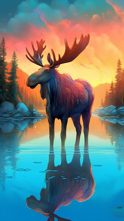 Moose in the forest at sunset with reflection in water. 3d renderの素材