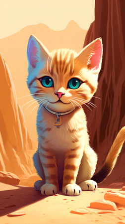 Cute red kitten sitting on the ground in the desert. Vector illustration.の素材