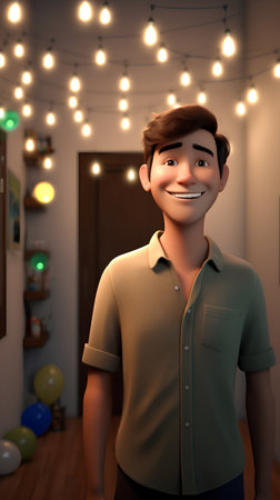 3D Rendering of a happy young man standing in a roomの素材