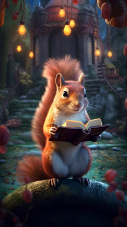 Squirrel reading a book in the forest. 3D rendering.の素材