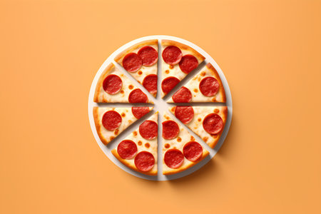 Pizza isolated on orange background. Top view. Flat lay.の素材