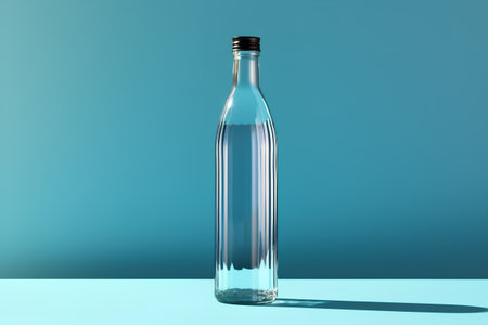 Glass bottle with water on blue background. 3d render illustration.の素材