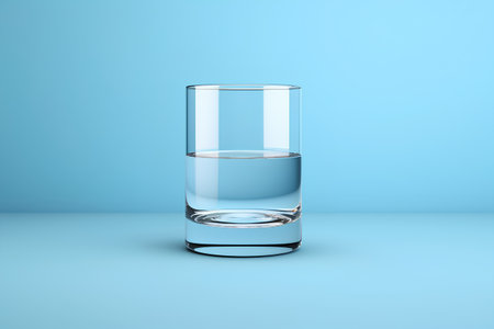 Glass of water on a blue background. 3d render illustration.の素材