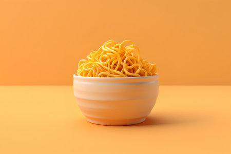 Noodles in bowl isolated on orange background. 3d illustrationの素材