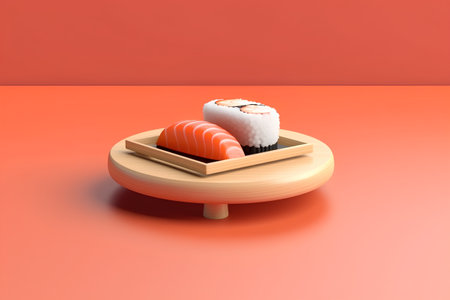 Sushi on a wooden plate. 3D illustration. Render.の素材
