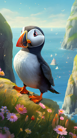 Puffin on the cliff against the sea. 3d illustrationの素材