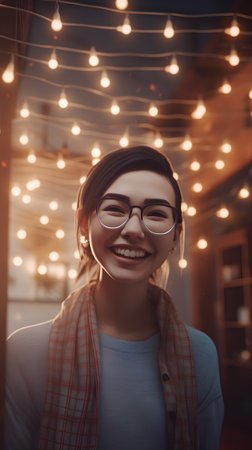 Cheerful young woman wearing eyeglasses and smiling while standing in cafeの素材