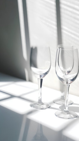 Two empty wine glasses on a white table in sunlight with shadows from the windowの素材