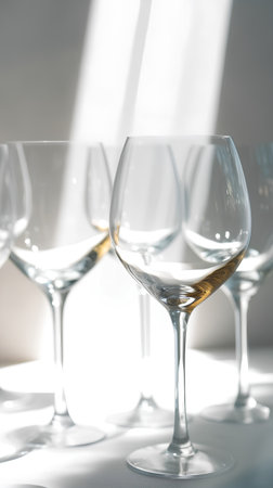 Glasses of white wine on a white table in a restaurant.の素材