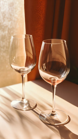 Two glasses of red and white wine on the table in the sunlightの素材