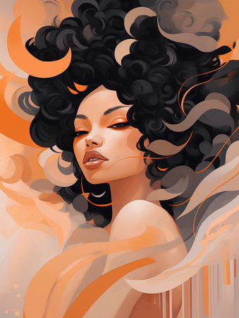 Beautiful african american woman with curly hair. Portrait of a beautiful young woman. Vector illustration.の素材