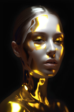3d illustration of a beautiful woman with golden bodyart on black backgroundの素材