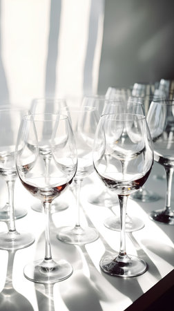 Wine glasses on table in restaurant. Toned image. Selective focus.の素材