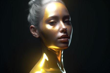 3d render of a woman with golden skin on a dark backgroundの素材