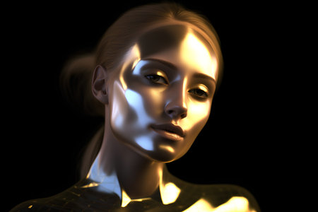 3d rendering of a female robot with golden skin on a black backgroundの素材