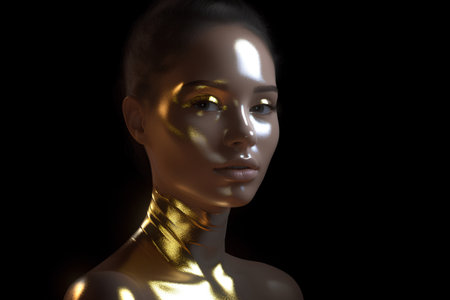 3d illustration of a beautiful woman with golden skin on black backgroundの素材