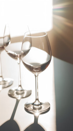 Glasses of red and white wine on a table in sunlight.の素材