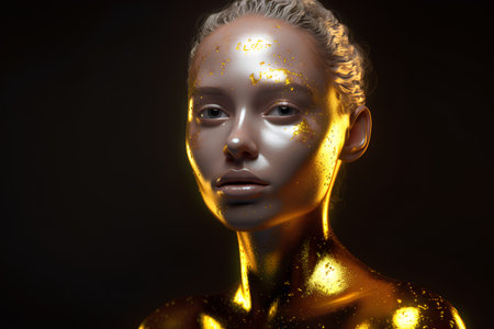 Portrait of a beautiful young woman with golden makeup on a dark backgroundの素材