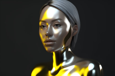 3D illustration of a golden woman with silver skin on a dark backgroundの素材