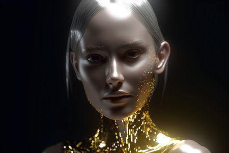 3d rendering of a female face with golden lights in her hairの素材