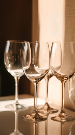 Wine glasses on a table in a restaurant. Selective focusの素材