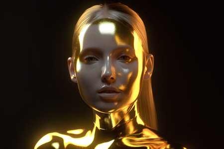 3d rendering of a female robot with golden skin on black backgroundの素材