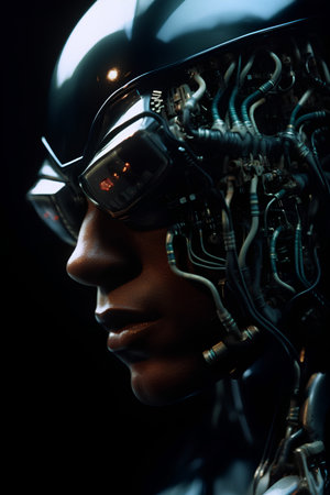 Close-up portrait of a female cyborg in futuristic helmet.の素材