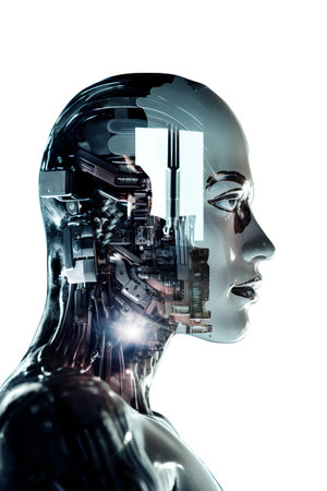 3D rendering of cyborgs head and cityscape on white backgroundの素材