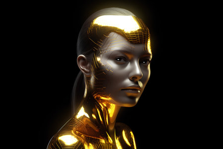 3d rendering of a female robot with golden skin isolated on black backgroundの素材