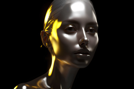Gold metallic woman portrait on black background. 3d render illustration.の素材