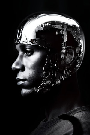 Portrait of a futuristic female cyborg on a black background.の素材