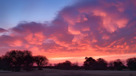 Beautiful sunset over a field with trees in the foreground and pink clouds in the skyの素材