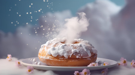 Donut sprinkled with icing sugar on a plate on a background of winter landscapeの素材
