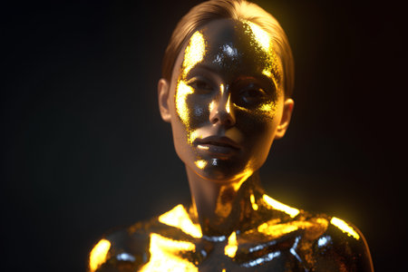 3d rendering of a female robot with golden skin on black backgroundの素材