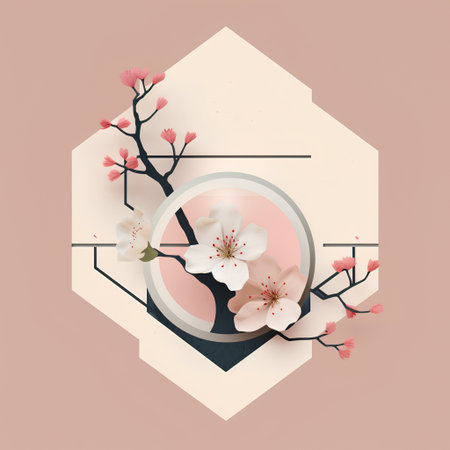 Cherry blossom and hexagon frame. Vector Illustration.の素材