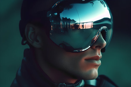 Close-up portrait of a brutal man in a motorcycle helmet and glasses.の素材