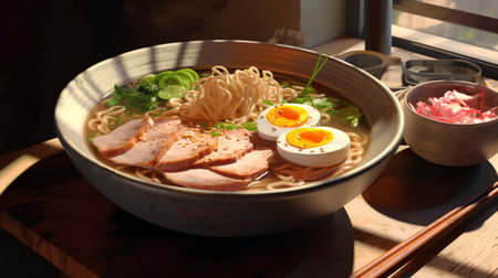 Japanese ramen noodle soup with pork and egg on wooden tableの素材