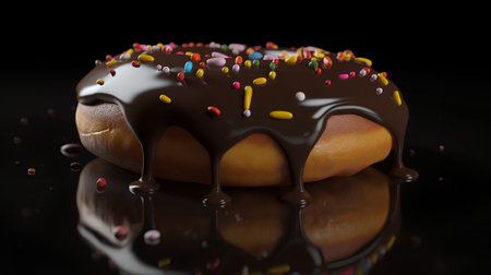 Chocolate donut with sprinkles on black background. 3d illustrationの素材
