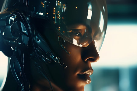 Close-up portrait of a female robot. 3D rendering.の素材