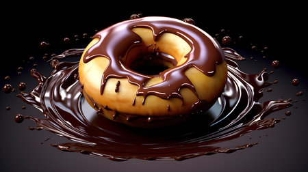Chocolate donut with chocolate splash on black background. 3d renderingの素材