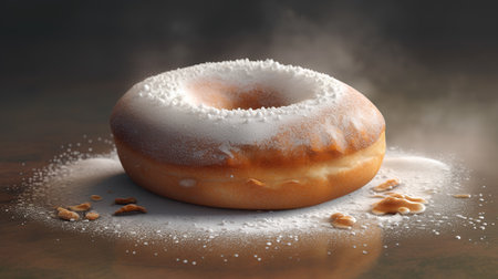 Donut with icing sugar on a wooden background. 3d renderingの素材